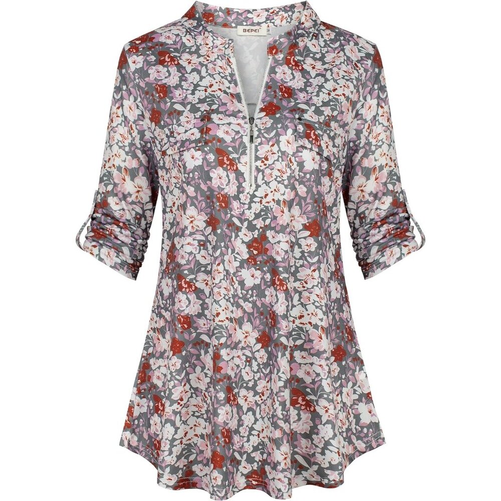 Women Grey Red Floral 3/4 Sleeve Shirt Zip Up V Neck Work Chiffon Blouses Top